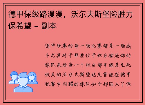 德甲保级路漫漫，沃尔夫斯堡险胜力保希望 - 副本